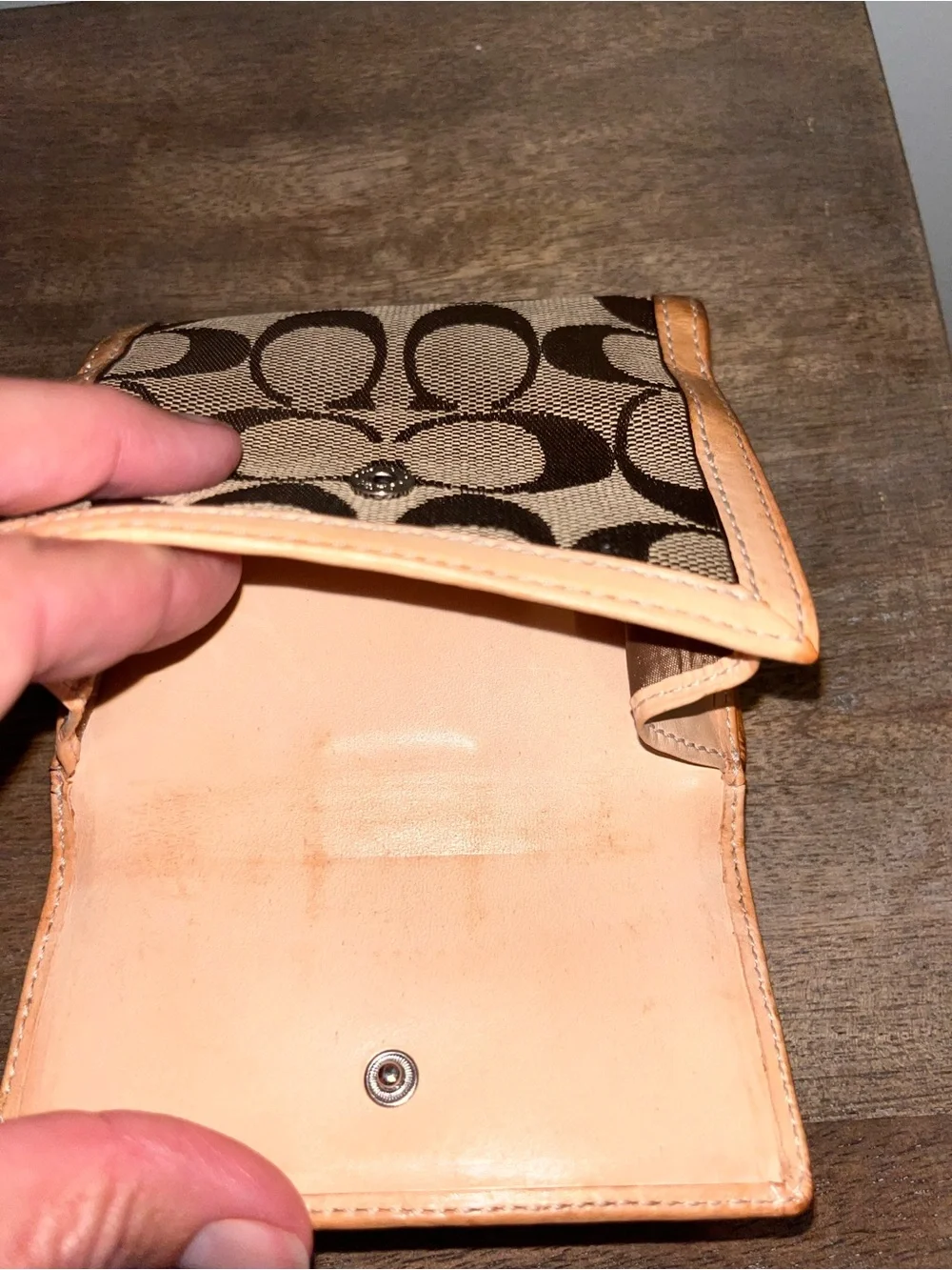 Coach Brown Signature Canvas Bifold Wallet with Tan Leather Trim